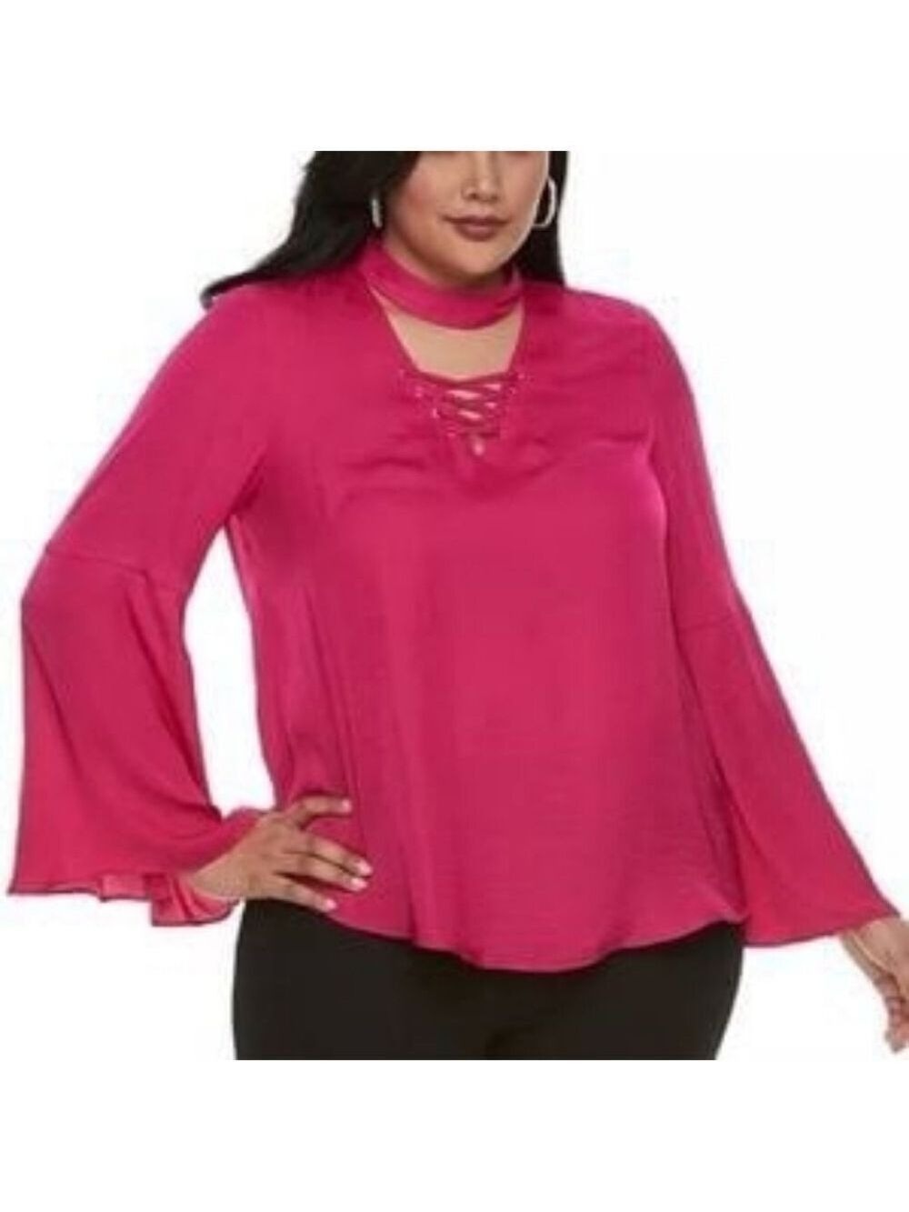 Jennifer Lopez Pink Lace Up Bell Sleeve Top Medium